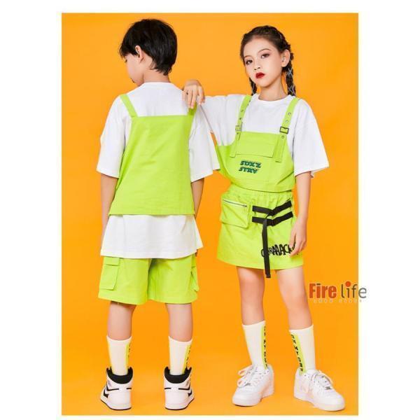 キッズ ダンス衣装 子供服 セットアップ 半袖 グリーン ハーフパンツ スカート ジャズダンス 応援団 発表会 K-POP 練習着  HIPHOP ヒップホップ 120-170の画像