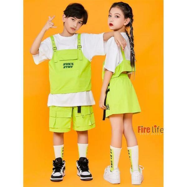 キッズ ダンス衣装 子供服 セットアップ 半袖 グリーン ハーフパンツ スカート ジャズダンス 応援団 発表会 K-POP 練習着  HIPHOP ヒップホップ 120-170の画像