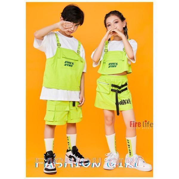 キッズ ダンス衣装 子供服 セットアップ 半袖 グリーン ハーフパンツ スカート ジャズダンス 応援団 発表会 K-POP 練習着  HIPHOP ヒップホップ 120-170の画像