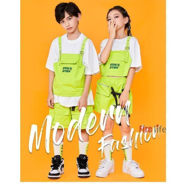 キッズ ダンス衣装 子供服 セットアップ 半袖 グリーン ハーフパンツ スカート ジャズダンス 応援団 発表会 K-POP 練習着  HIPHOP ヒップホップ 120-170の画像