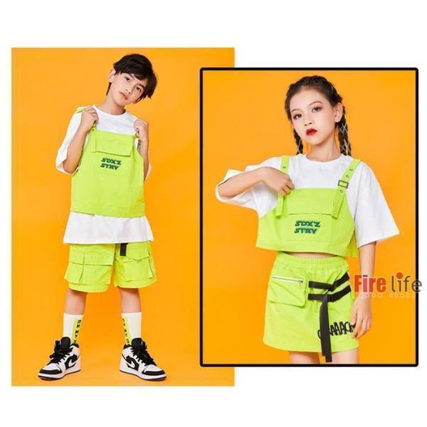 キッズ ダンス衣装 子供服 セットアップ 半袖 グリーン ハーフパンツ スカート ジャズダンス 応援団 発表会 K-POP 練習着  HIPHOP ヒップホップ 120-170の画像