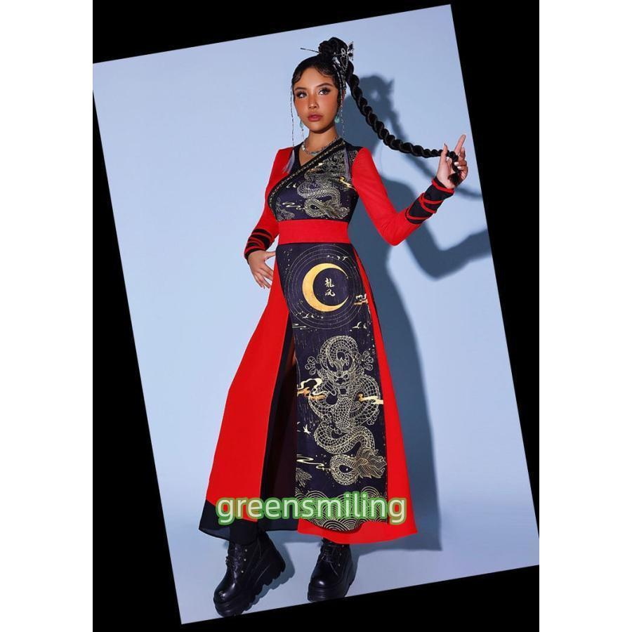 ダンス衣装 セットアップ 大人 レディース チャイナ風 龍柄 赤