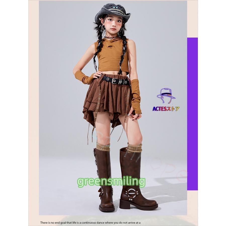 【美品 社交ダンス衣装】ブラウン トップス スカート 上下セット レッスン着 茶 ブラウン 茶色 へそ出し 肩出し キッズ ダンス衣装 セットアップ