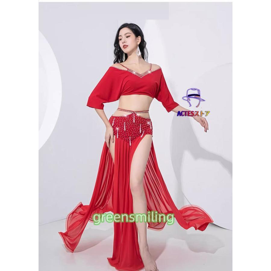 ベリーダンス衣装 セット衣装 スパンコール キラキラ 可愛い ベリーダンス 衣装セット インナーパンツ付き ロング丈 スカート Vネック オフショルダー トップス_5