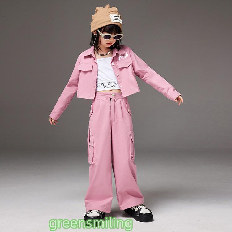 赤 ピンク 紫 キッズダンス衣装 ガールズ へそ出し 長袖 シャツ ロング