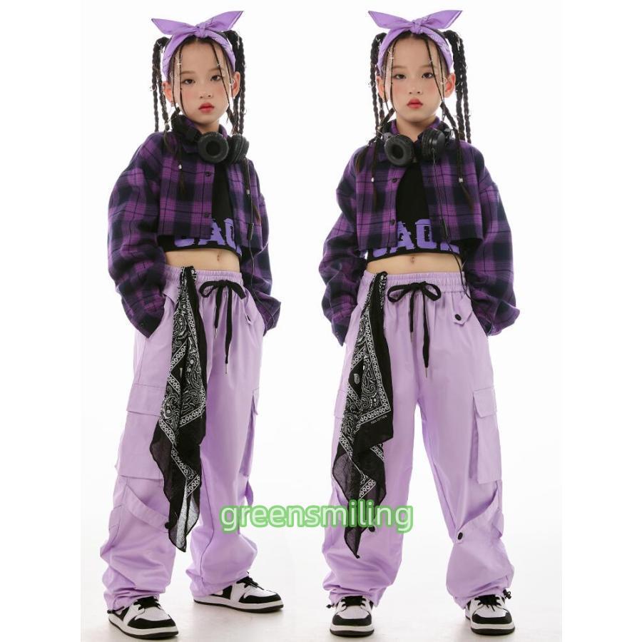 チェック 紫 jazz キッズ ダンス衣装 セットアップ 女の子 長袖 ショー