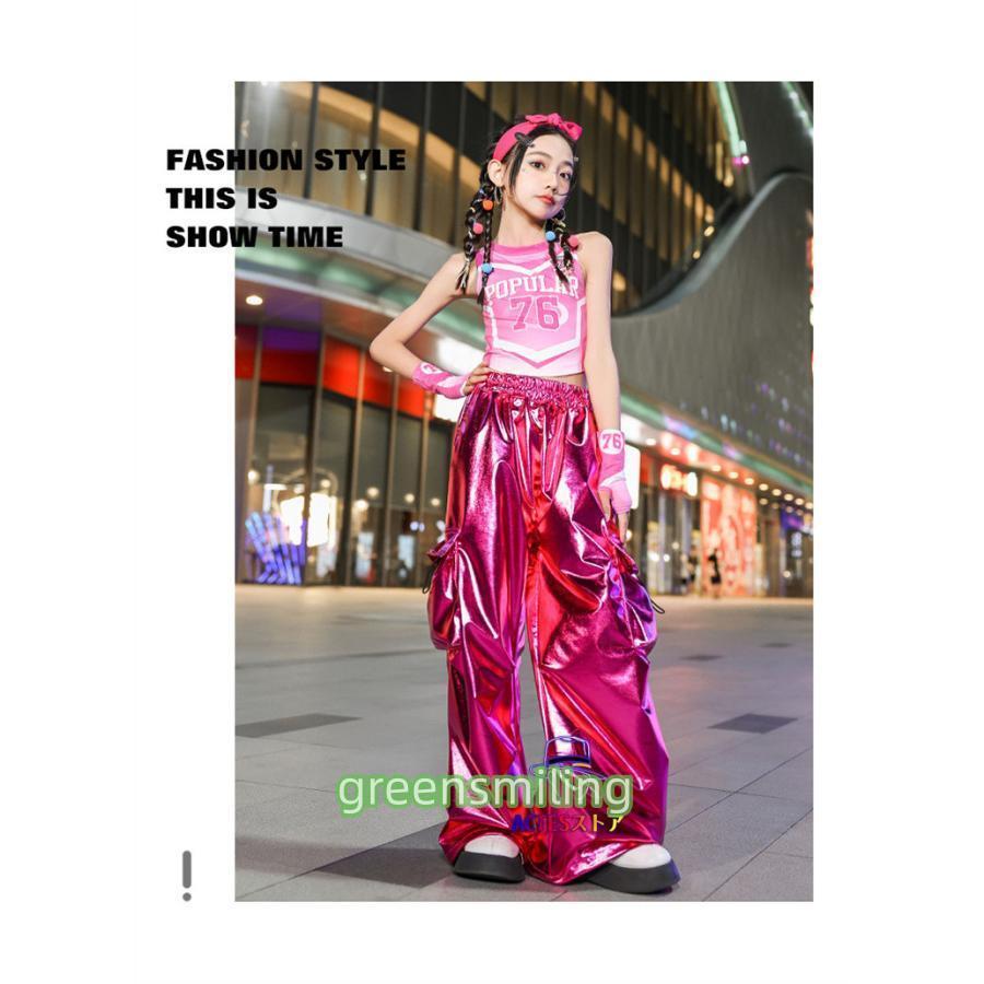 更にお値下げ　ハンドメイド　ベビーピンク　シフォン　社交ダンス　セットアップ キッズ ダンス 衣装 ジャズ セットアップ 光沢感 グリッター素材 へそ