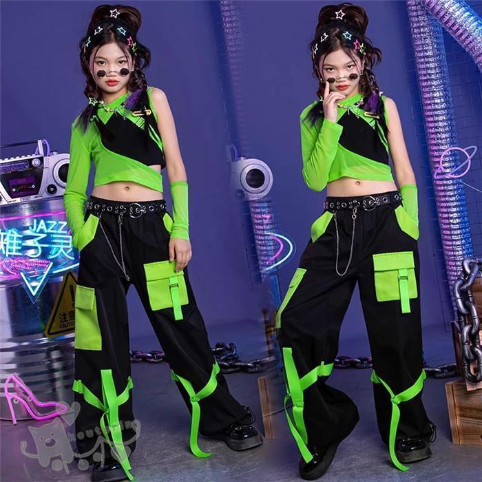 ダンス衣装 ヒップホップ 女の子 黒緑ベスト トップス 切り替えカーゴ