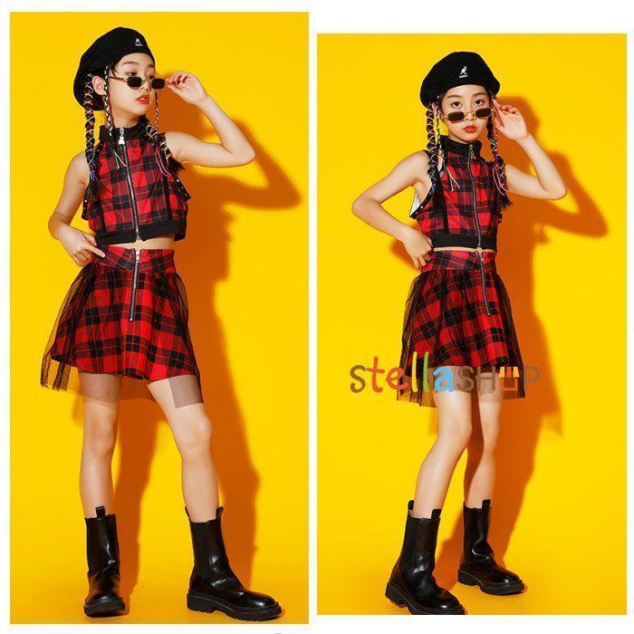 キッズ ダンス 衣装 赤 チェック柄 チア ガールズスカート チェック