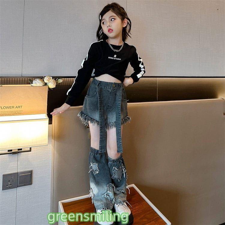 ダンス衣装 セットアップ 子供服 女の子 白 黒 k-pop デニムパンツ