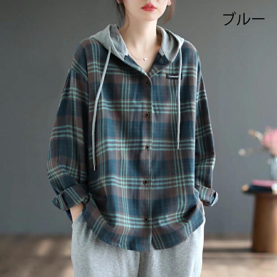 チェック柄シャツ フード付き 長袖 レディース シャツ 大きいサイズ