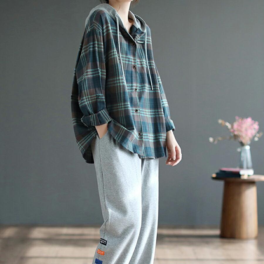 チェック柄シャツ フード付き 長袖 レディース シャツ 大きいサイズ