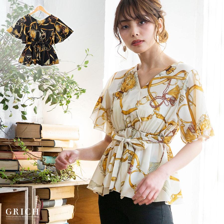 トップス シャツ プルオーバー フレアースリーブ スカーフ柄 チェーン柄 スカーフ柄 フレアースリーブ ペプラム Growingrich 通販 Yahoo ショッピング