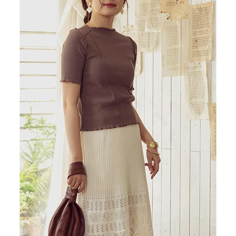 トップス レディース 半袖 リブ カットソー メロウ ステッチ プル  