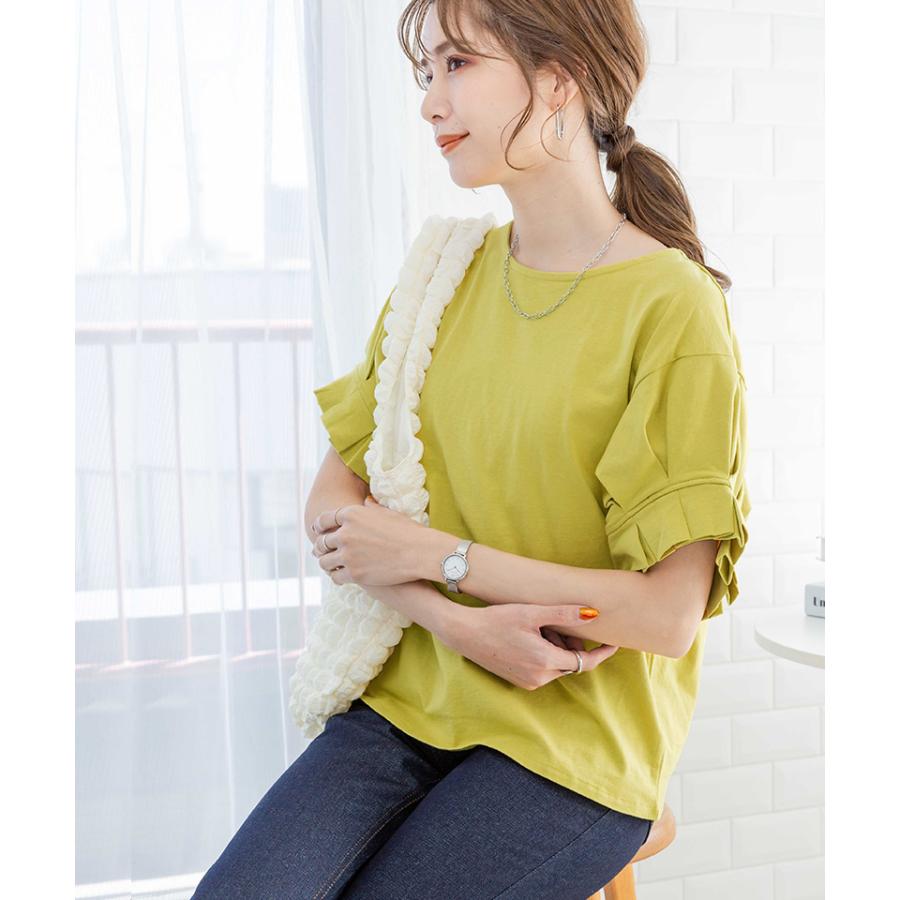 フリル袖tシャツ 二の腕が隠れるトップス 綿100%tシャツ フリル袖