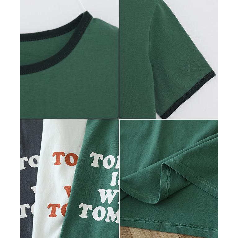 ロゴtシャツ レディース 半袖 tシャツ 白 Tシャツ 綿 配色 縁取り 英字