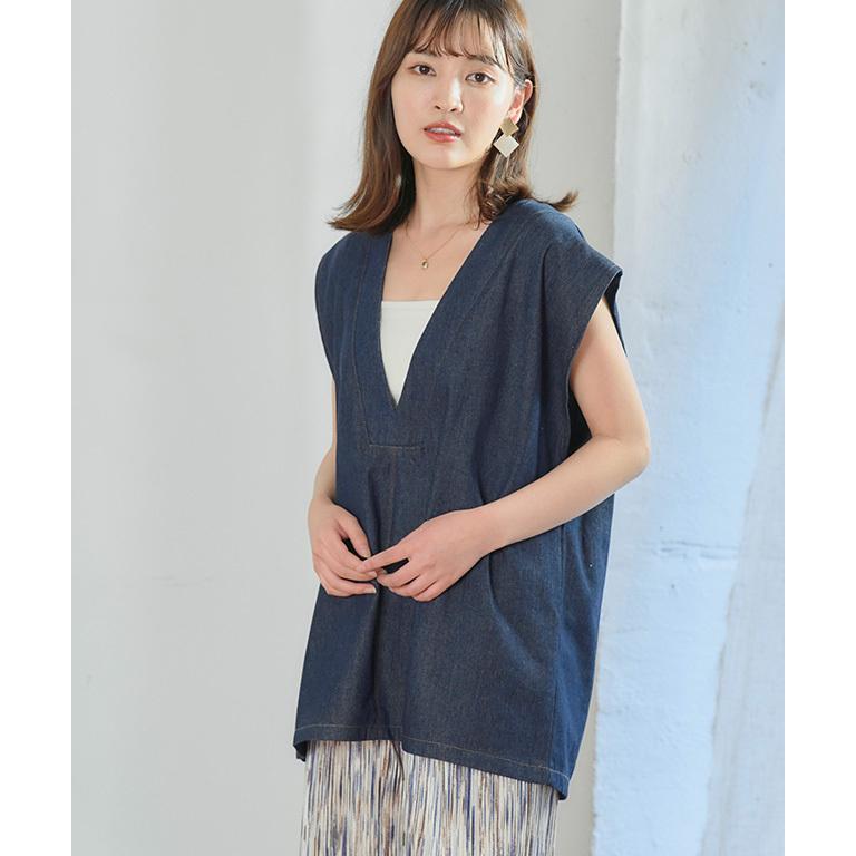 45R ノースリーブカットソー　シャツ　ベストトップス　チュニック トップス レディース ベスト 春 夏 デニム ノーカラー ノースリーブ
