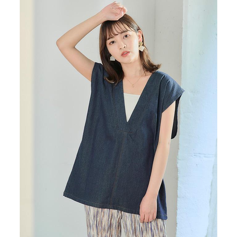 トップス レディース ベスト 春 夏 デニム ノーカラー ノースリーブ