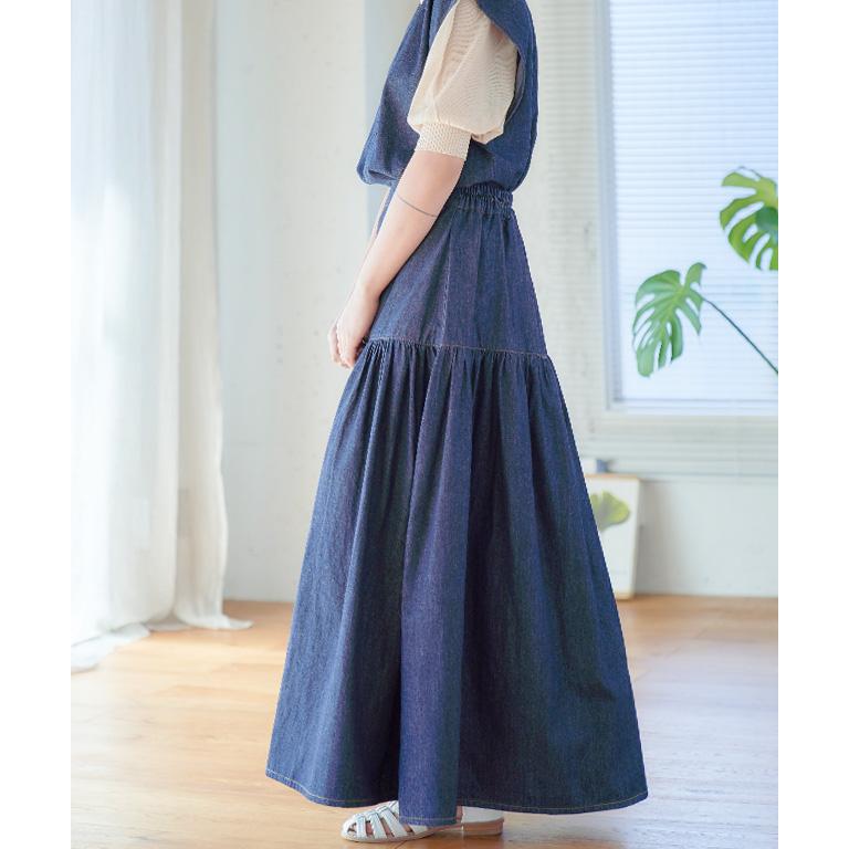 デニムスカート コーデ ロング 40代 フレア ウエストゴム