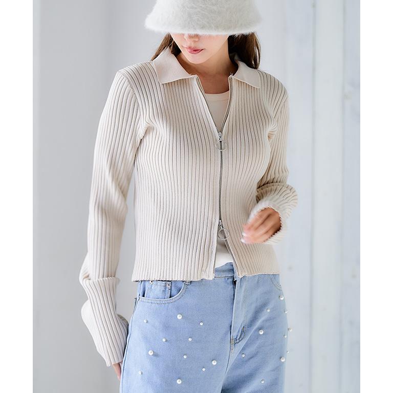 カーディガン 秋 レディース トップス Wジップ リブニット アイボリー