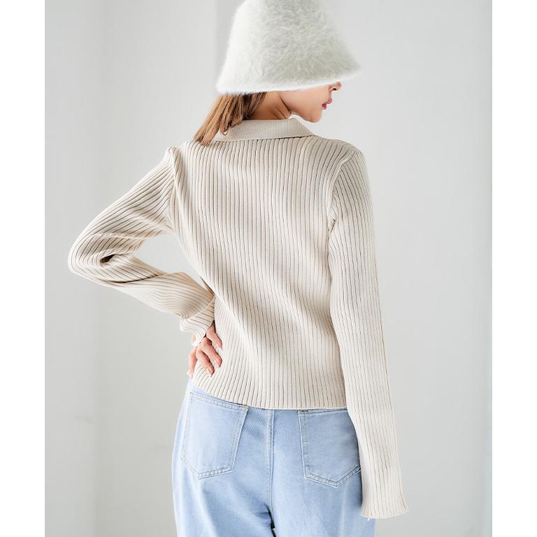 45R★ジップアップロングカーディガン★アイボリー カーディガン 秋 レディース トップス Wジップ リブニット アイボリー