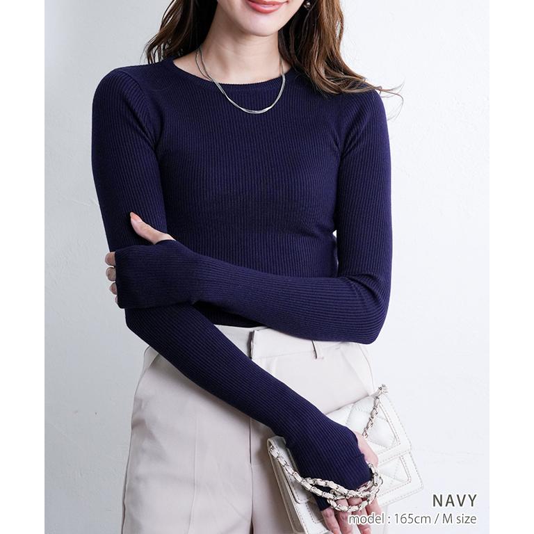 ニット レディース 秋冬 指穴 リブニット セーター クルーネック