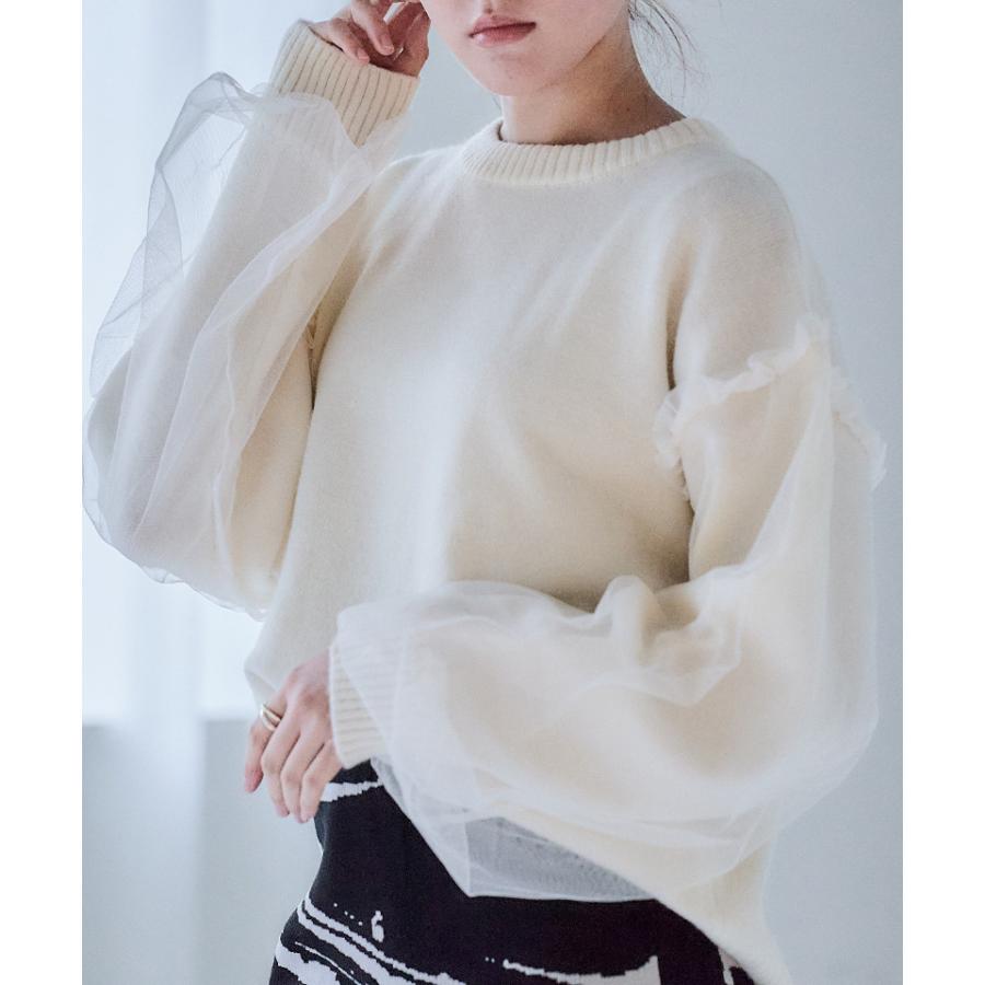 袖チュールレイヤード ニット チュール付きニット レディース 秋冬 袖