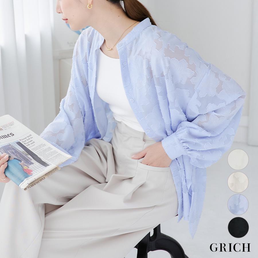 バンドカラーシャツ レディース シア―シャツ 花柄 シャツ ボリューム袖