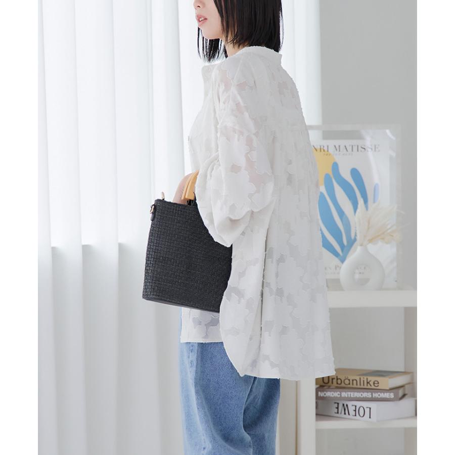バンドカラーシャツ レディース シア―シャツ 花柄 シャツ ボリューム袖
