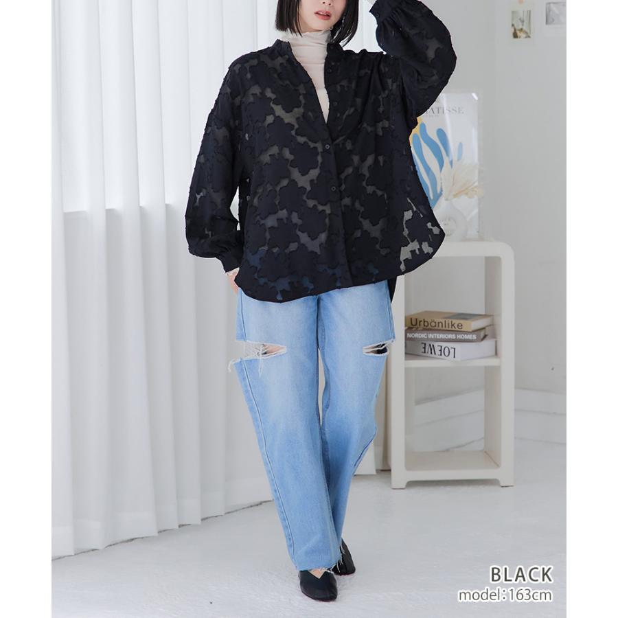 バンドカラーシャツ レディース シア―シャツ 花柄 シャツ ボリューム袖