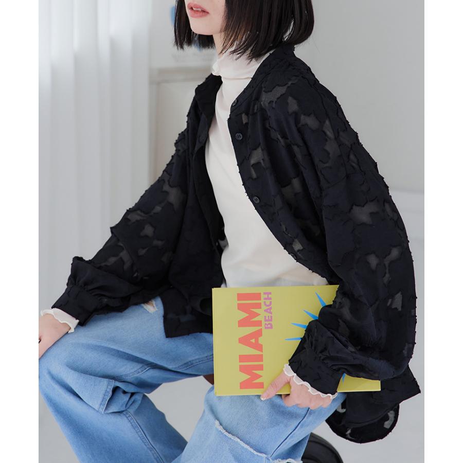 バンドカラーシャツ レディース シア―シャツ 花柄 シャツ ボリューム袖