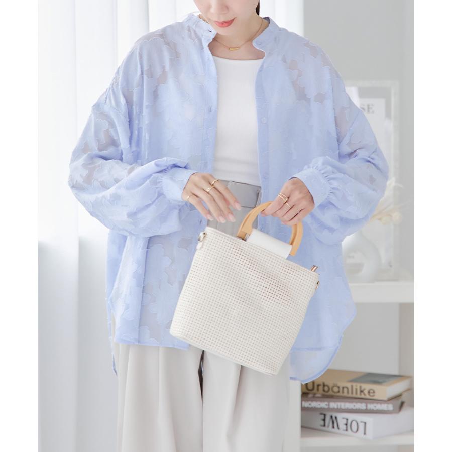 バンドカラーシャツ レディース シア―シャツ 花柄 シャツ ボリューム袖