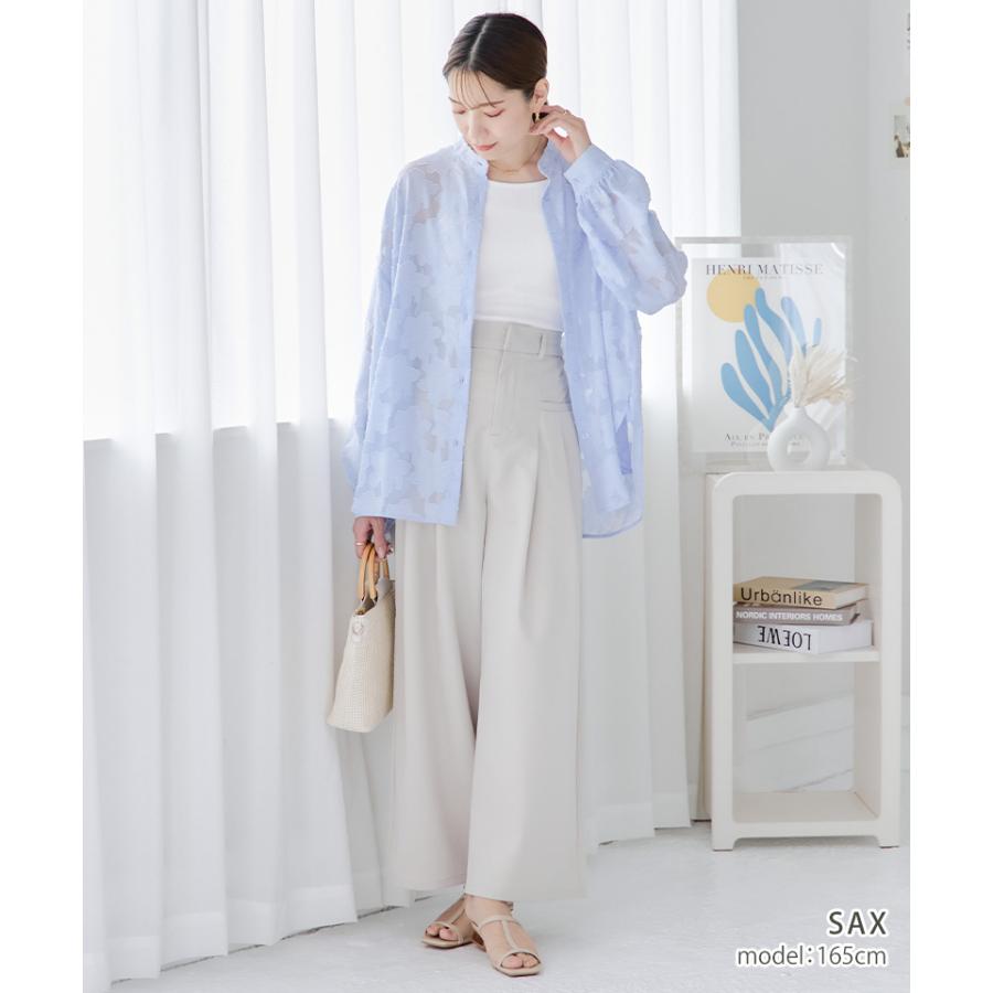 バンドカラーシャツ レディース シア―シャツ 花柄 シャツ ボリューム袖