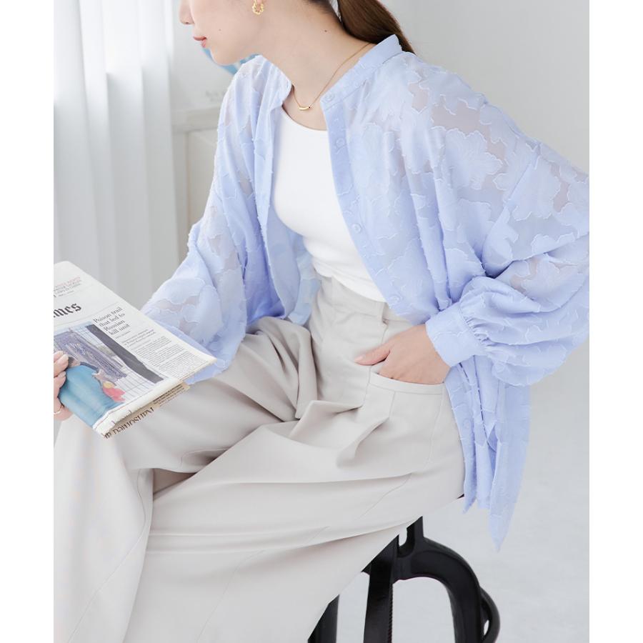 バンドカラーシャツ レディース シア―シャツ 花柄 シャツ ボリューム袖