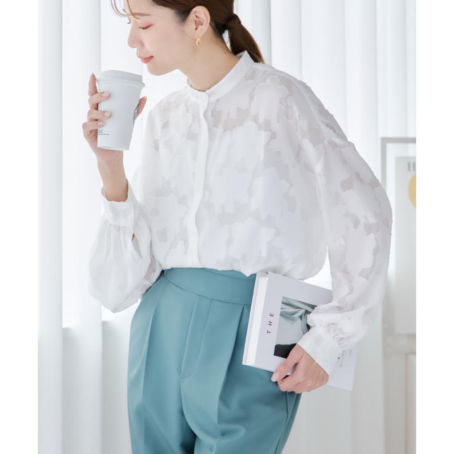 バンドカラーシャツ レディース シア―シャツ 花柄 シャツ ボリューム袖