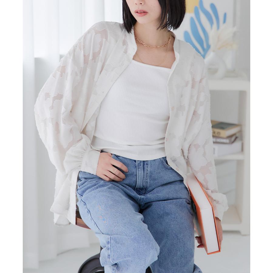 バンドカラーシャツ レディース シア―シャツ 花柄 シャツ ボリューム袖