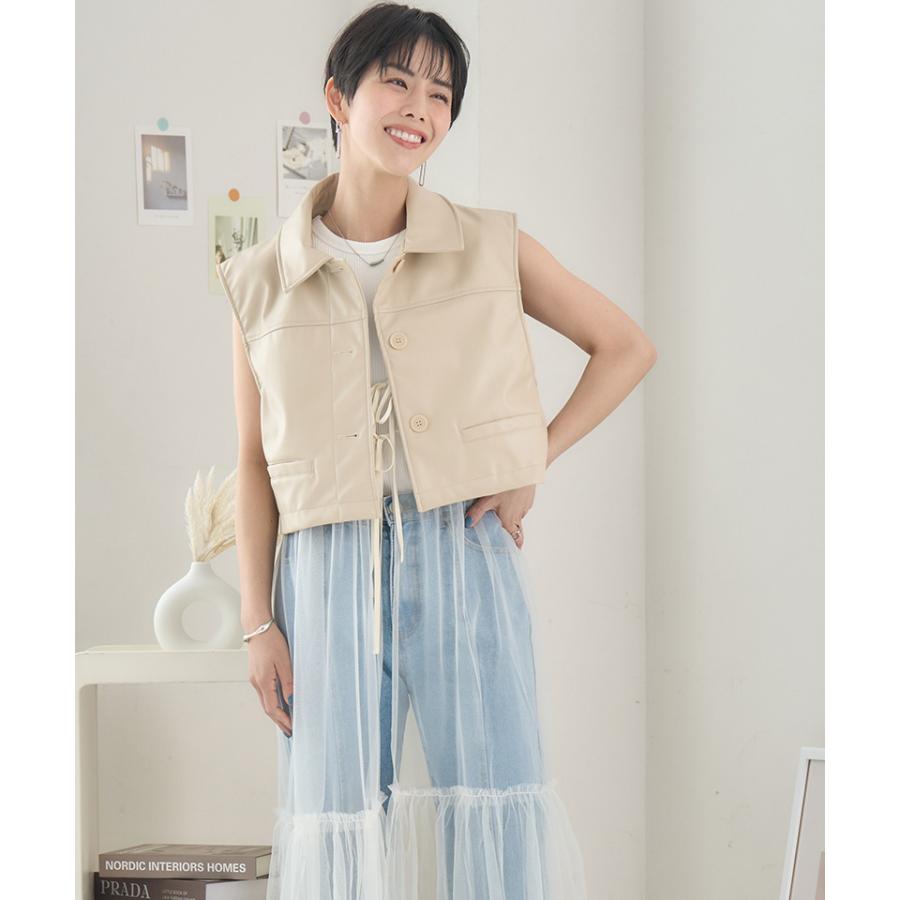 フェイクレザー ベスト レディース 春 ショート丈ベスト ジレ 襟付