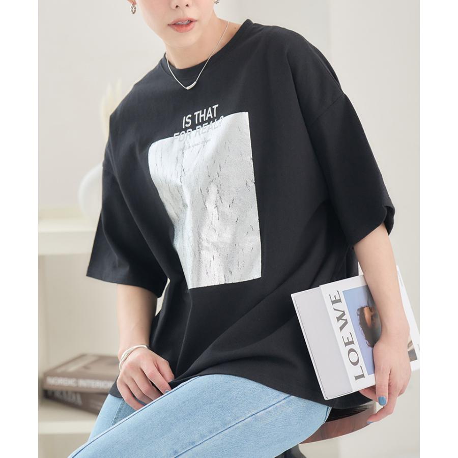 箔ロゴプリントtシャツ tシャツ レディース ロゴ 箔プリントTシャツ t