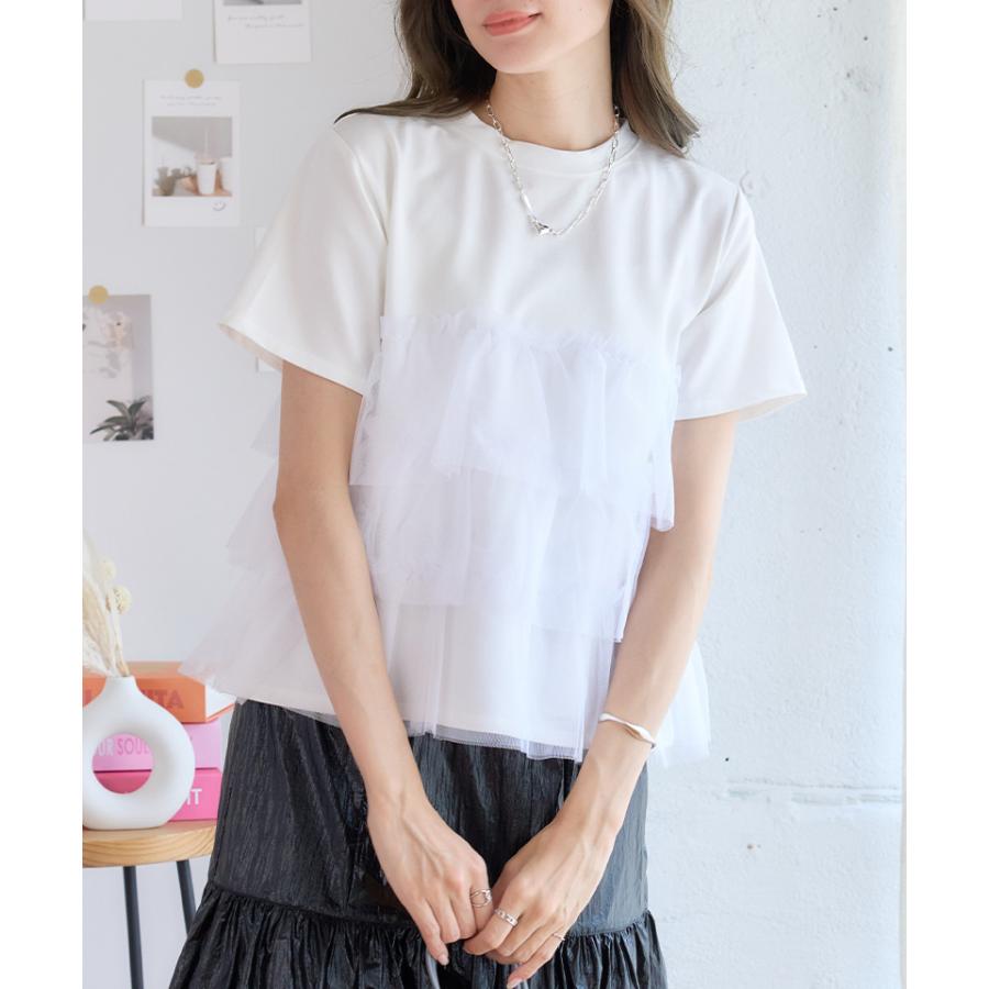 チュール ティアード tシャツ 半袖 チュールトップス フリル 胸下切替
