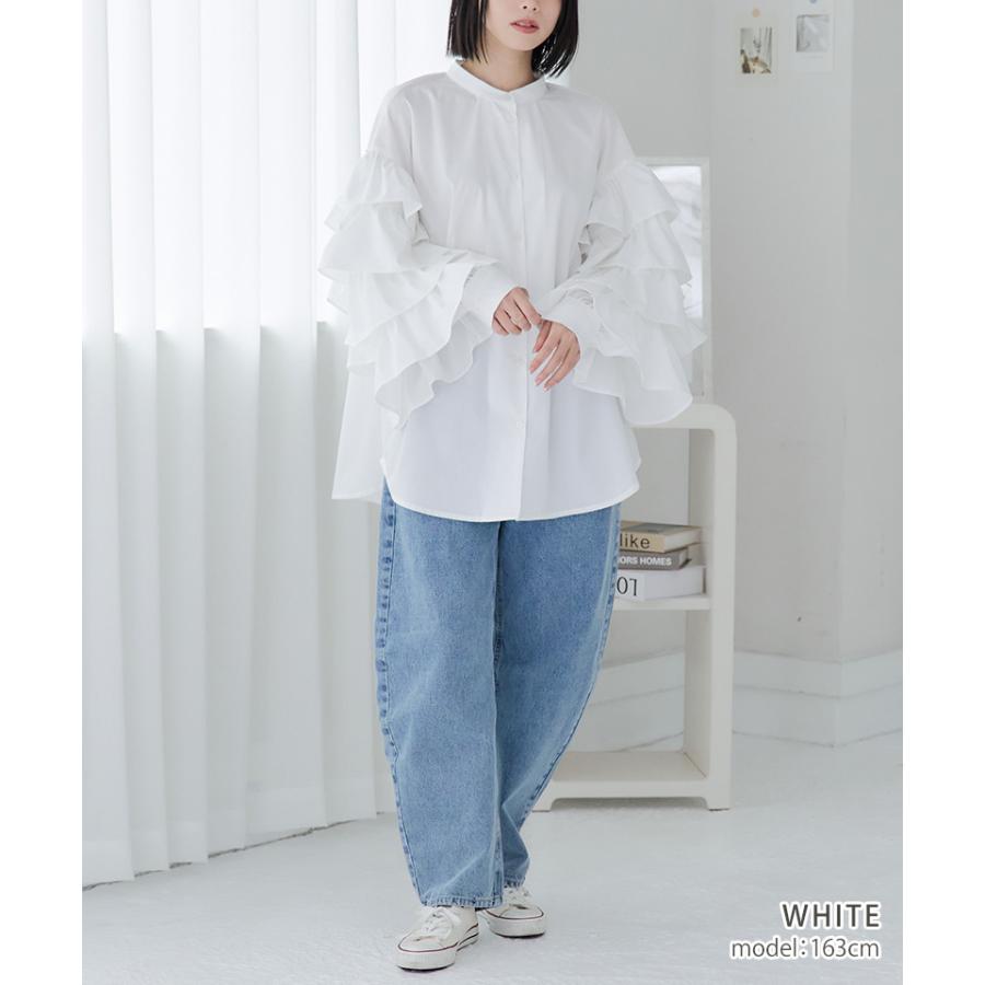 袖フリル ブラウス シャツ トップス チュニック バンドカラー 大きい