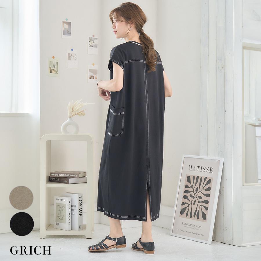 配色ステッチ ワンピース 夏 tシャツワンピース 半袖 綿 ステッチ