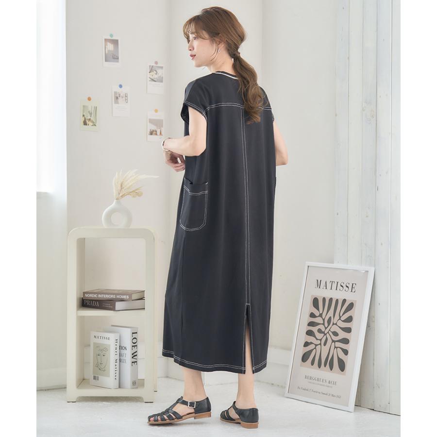 配色ステッチ ワンピース 夏 tシャツワンピース 半袖 綿 ステッチ