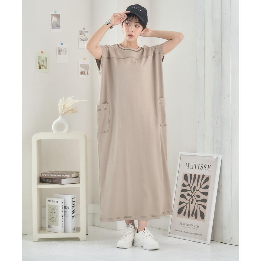 配色ステッチ ワンピース 夏 tシャツワンピース 半袖 綿 ステッチ