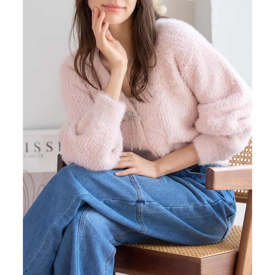 洗えるニット ビジューリボン付き フェザーニット カーディガン