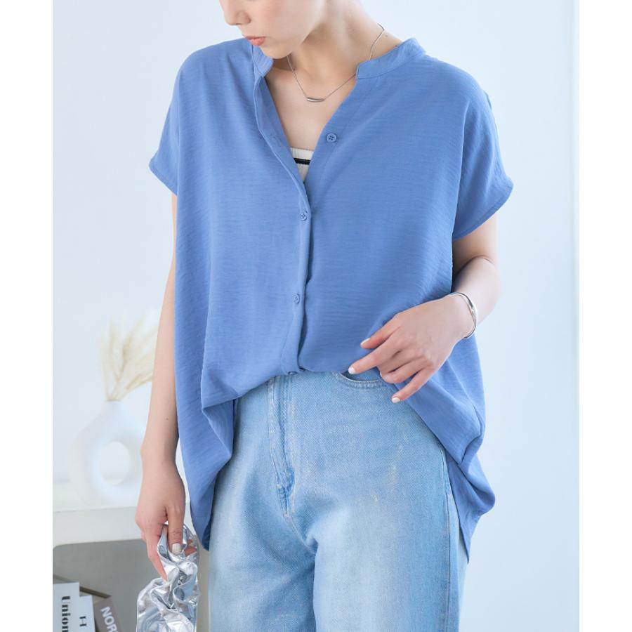ドゥロワー Drawer ブラウス フレンチスリーブ 半袖 38 青 ブルー 接触冷感 ブラウス レディース シャツ 半袖 バンドカラー フレンチ