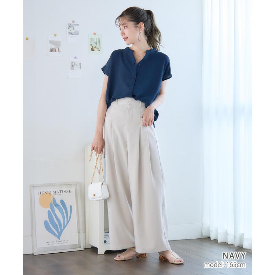 ドゥロワー Drawer ブラウス フレンチスリーブ 半袖 38 青 ブルー 涼し気【ロイヤルブルー】ストレッチ素材華奢見えバンドカラーフレンチ