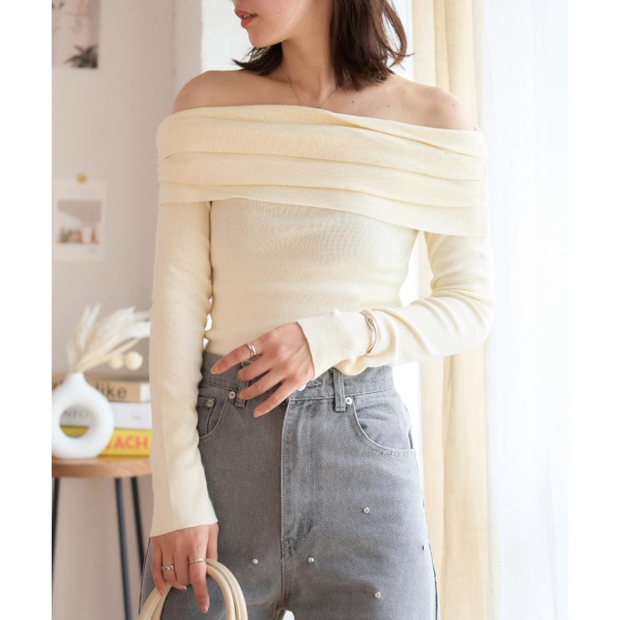 オフショルダー ニット レディース 長袖 秋冬 オフショルニット ギャザー オフショル 肩だし 上品 大人 きれいめ | ブランド登録なし | 04