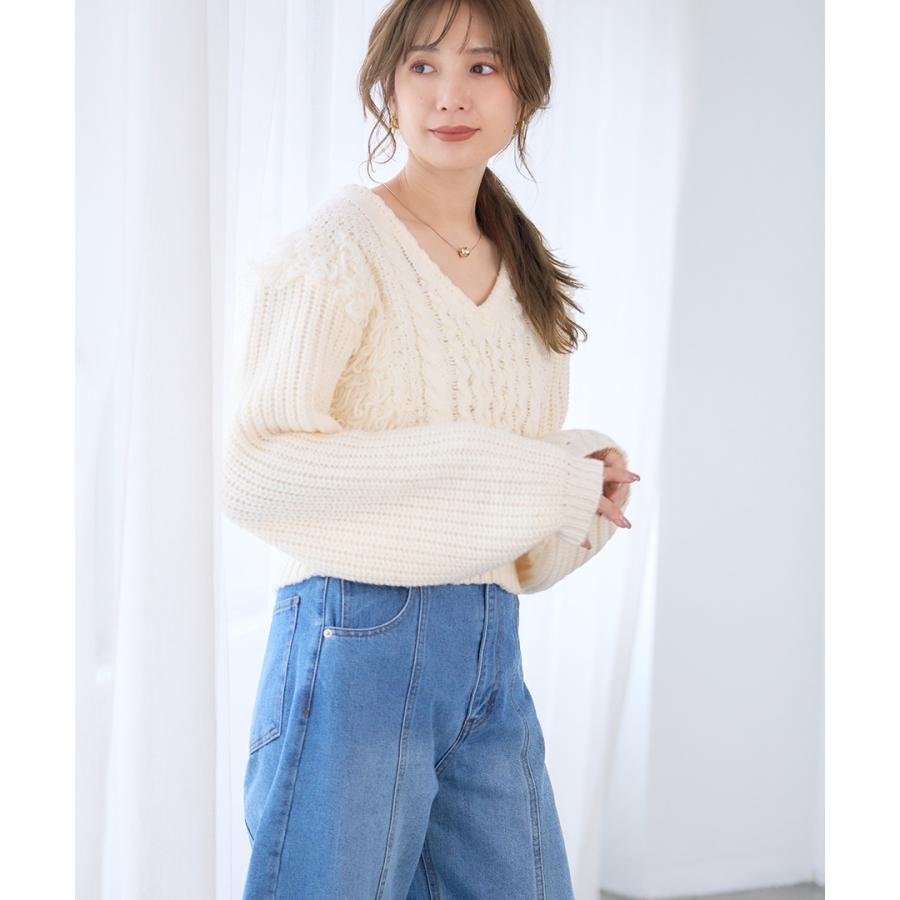 ケーブル フリンジ Vネック ニット トップス レディース 長袖 秋冬