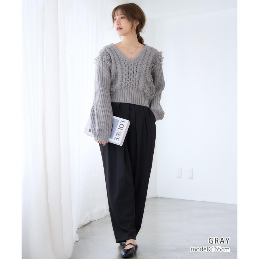 グレー Vネック 長袖 Tシャツ フリンジ裾 グレー Vネック 長袖 Tシャツ フリンジ裾