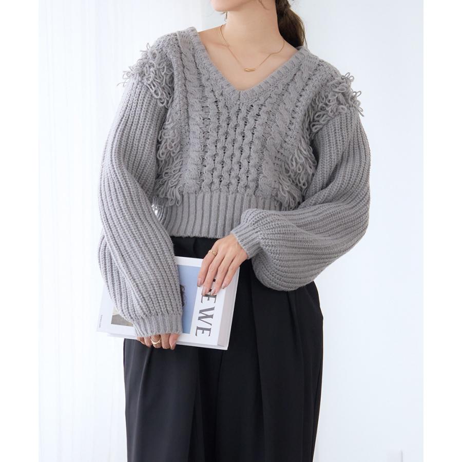 ケーブル フリンジ Vネック ニット トップス レディース 長袖 秋冬